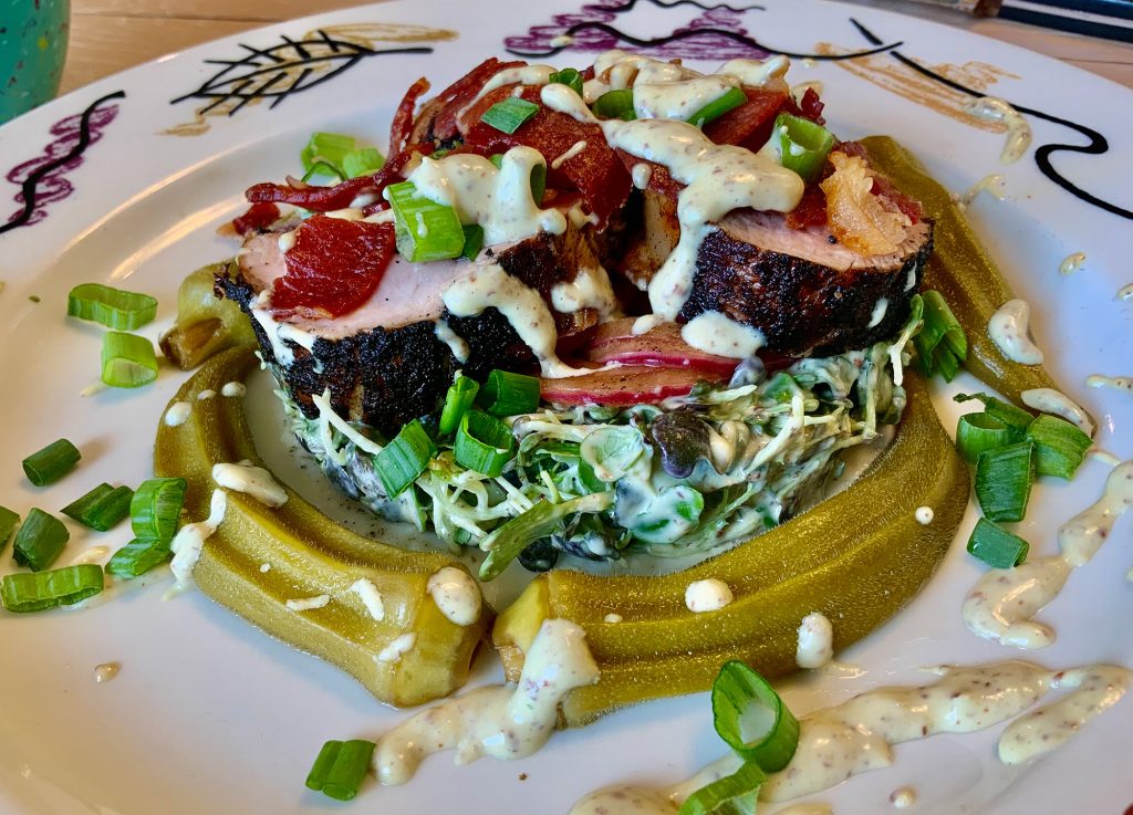 Pickled Okra Red Onion Salad, Creole Mustard Dressing with Blackened Pork Tenderloin